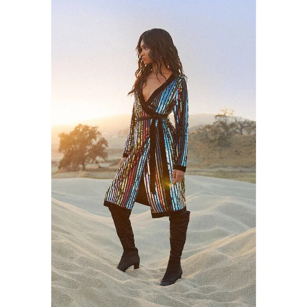 Lulu's Pretty Prismatic Rainbow Striped Sequin Midi Robe Dress TS Era's Style S - Picture 15 of 15